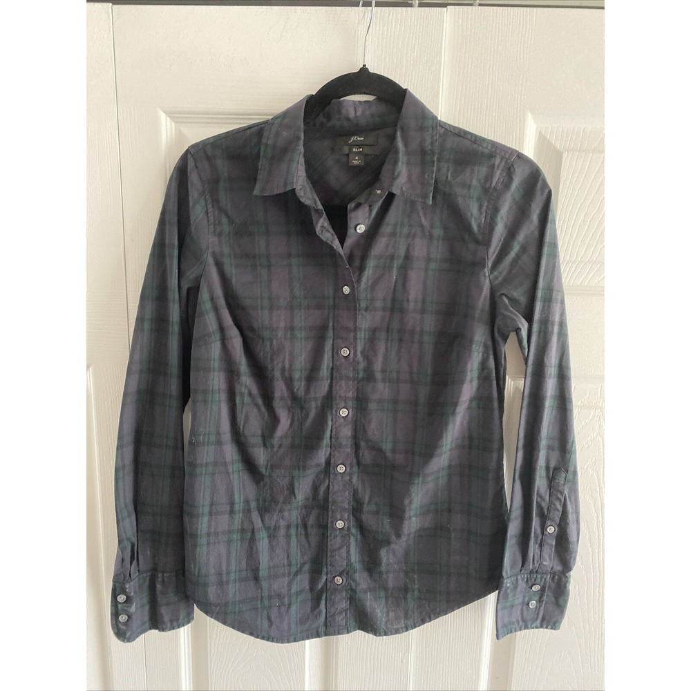 J. Crew Slim Fit Plaid Button Down Womens Size 4 Green Navy Black Watch Cotton